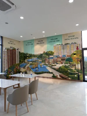 Vẽ tranh tường nhà mẫu dự án Kim Oanh Group: toàn cảnh khu đô thị, công viên và phố đi bộ